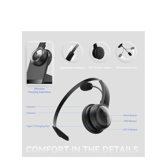 BRAMMAR Wireless Headset, Bluetooth Headset with Noise Cancelling Microphone - Picture 8 of 9